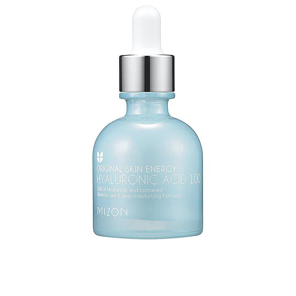Flacone azzurro con tappo argentato e contagocce. Scritta: Original Skin Energy Hyaluronic Acid 100. Marchio: Mizon.
