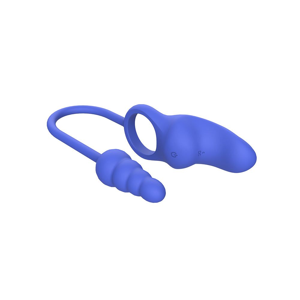 Vibratore anale blu con estremità scanalata e forma curva. Due pulsanti sulla superficie.