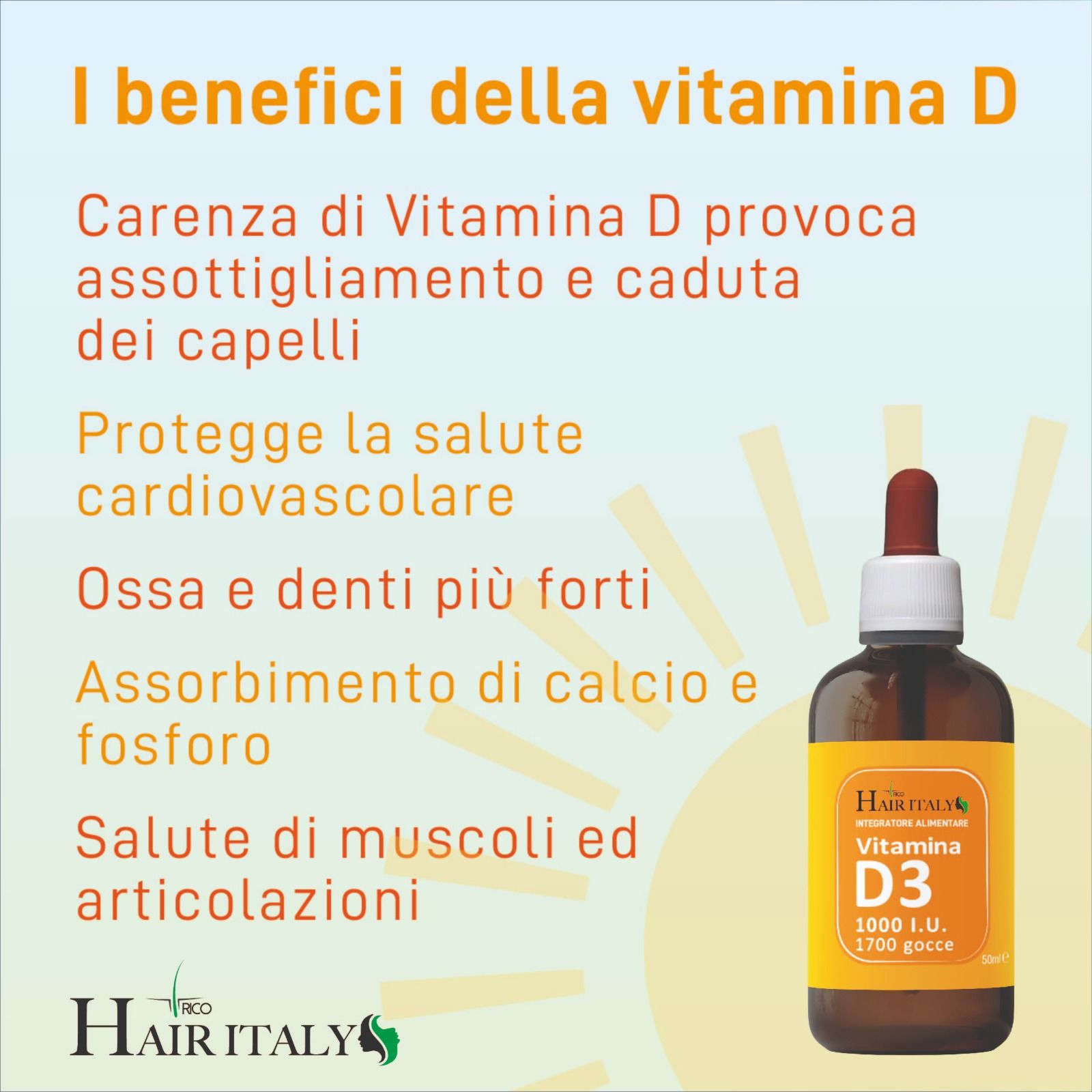 Trico Hair Italy - Vitamina D3 liquida 50 ml Supporto sistema immunitario Salute di ossa e denti
