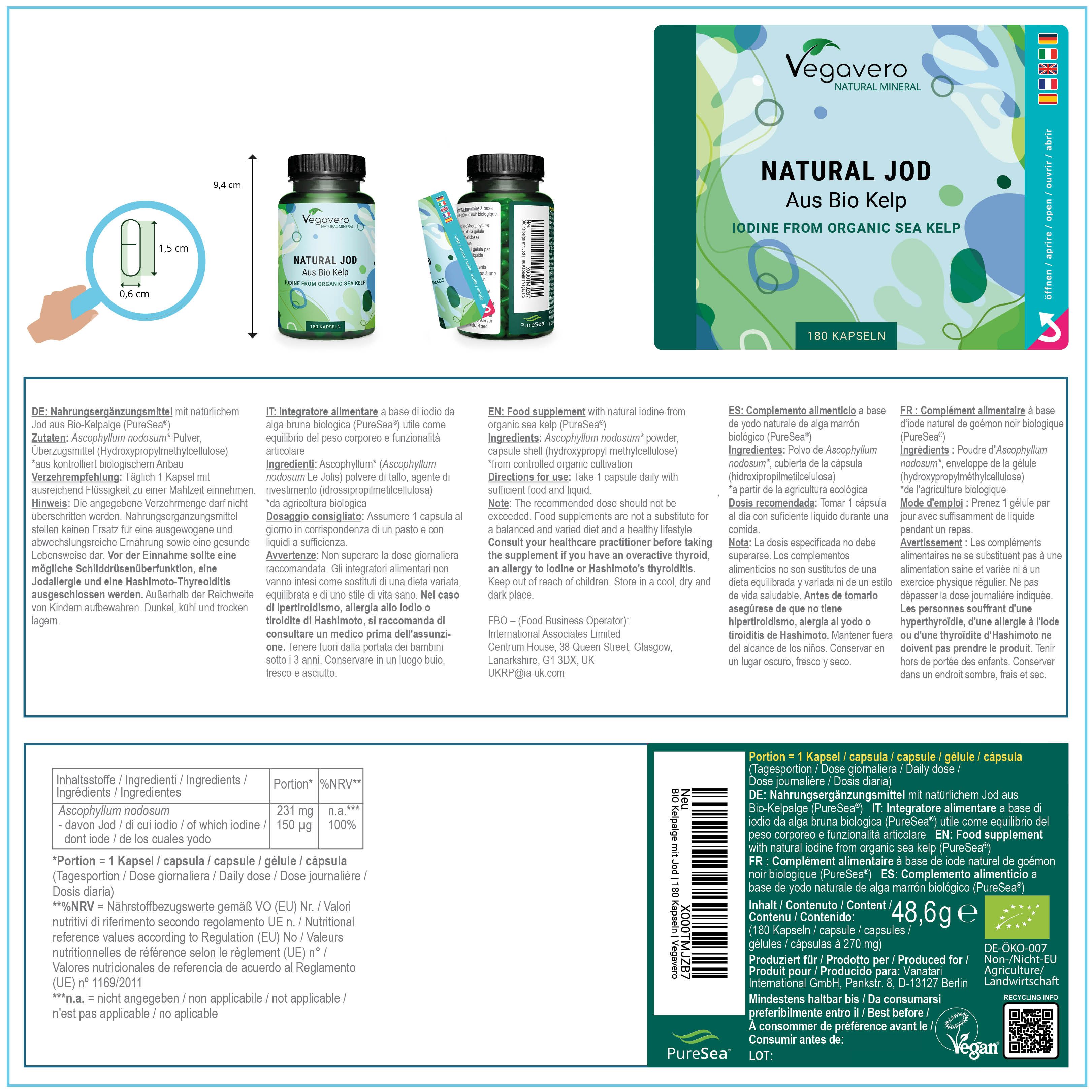 Confezione del prodotto con informazioni. Contiene: NATURAL JOD, Aus Bio Kelp, 120 capsule. Informazioni e valori nutrizionali.