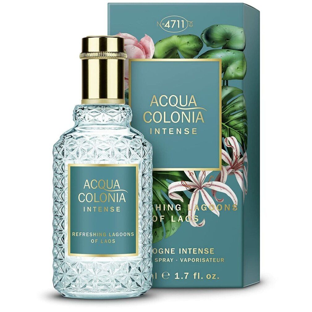 Flacone in vetro azzurro chiaro con tappo dorato e confezione. L'etichetta riporta 'ACQUA COLONIA INTENSE' e 'REFRESHING LAGOONS OF LAOS'.