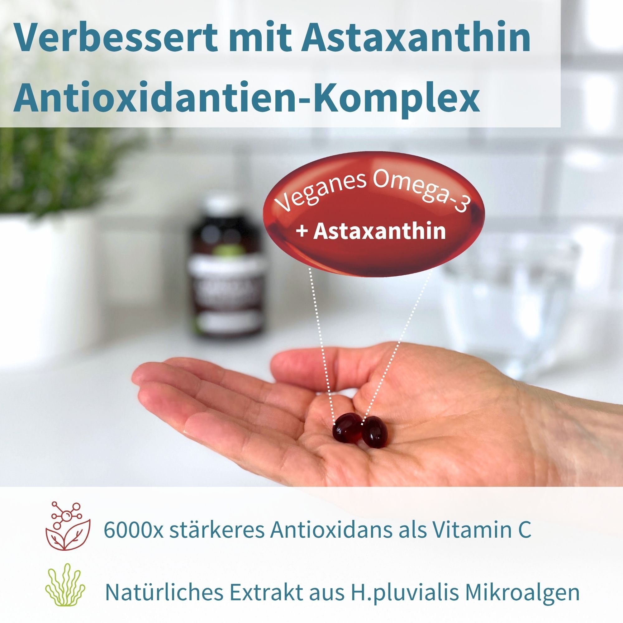 Mano con due capsule rosse. Testo: Migliorato con il complesso antiossidante all'astaxantina. Omega-3 vegano + astaxantina. 6000x più potente della vitamina C.