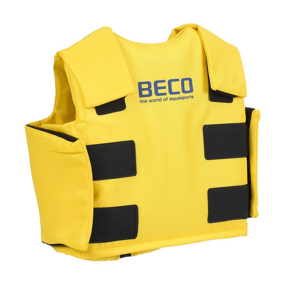 Gilet di salvataggio giallo con elementi neri e logo "BECO".