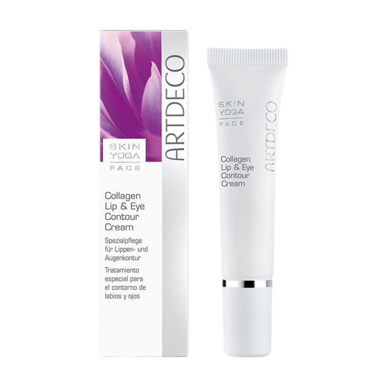 Prodotto e confezione. Tubo bianco, scatola bianca con fiore viola. Testo: ARTDECO, Collagen Lip & Eye Contour Cream.