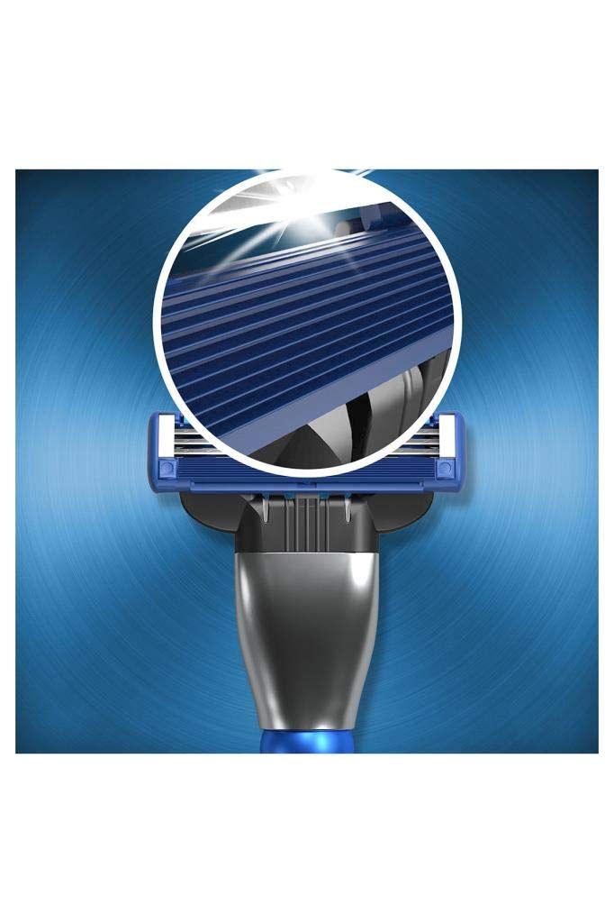 Testina di rasoio. Elementi blu e argento. Vista dettagliata delle lame.