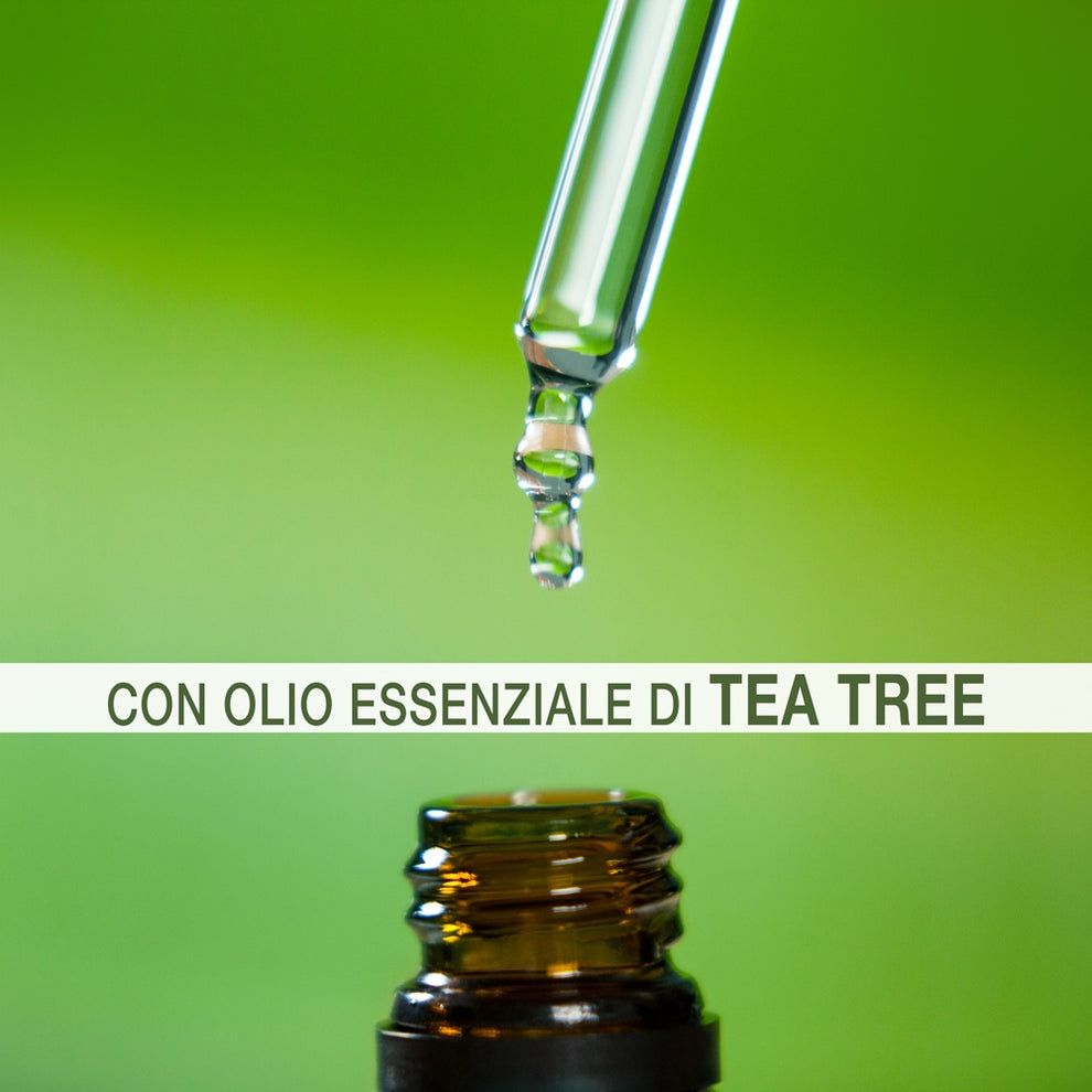 Gocce di olio cadono da un contagocce in una bottiglia di olio essenziale di tea tree.