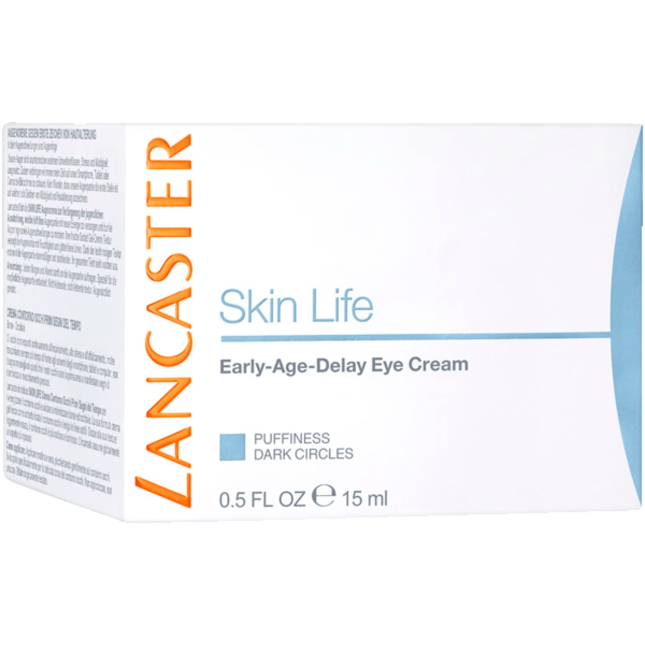 Confezione prodotto con scritta: Lancaster Skin Life Early-Age-Delay Eye Cream. 15 ml.