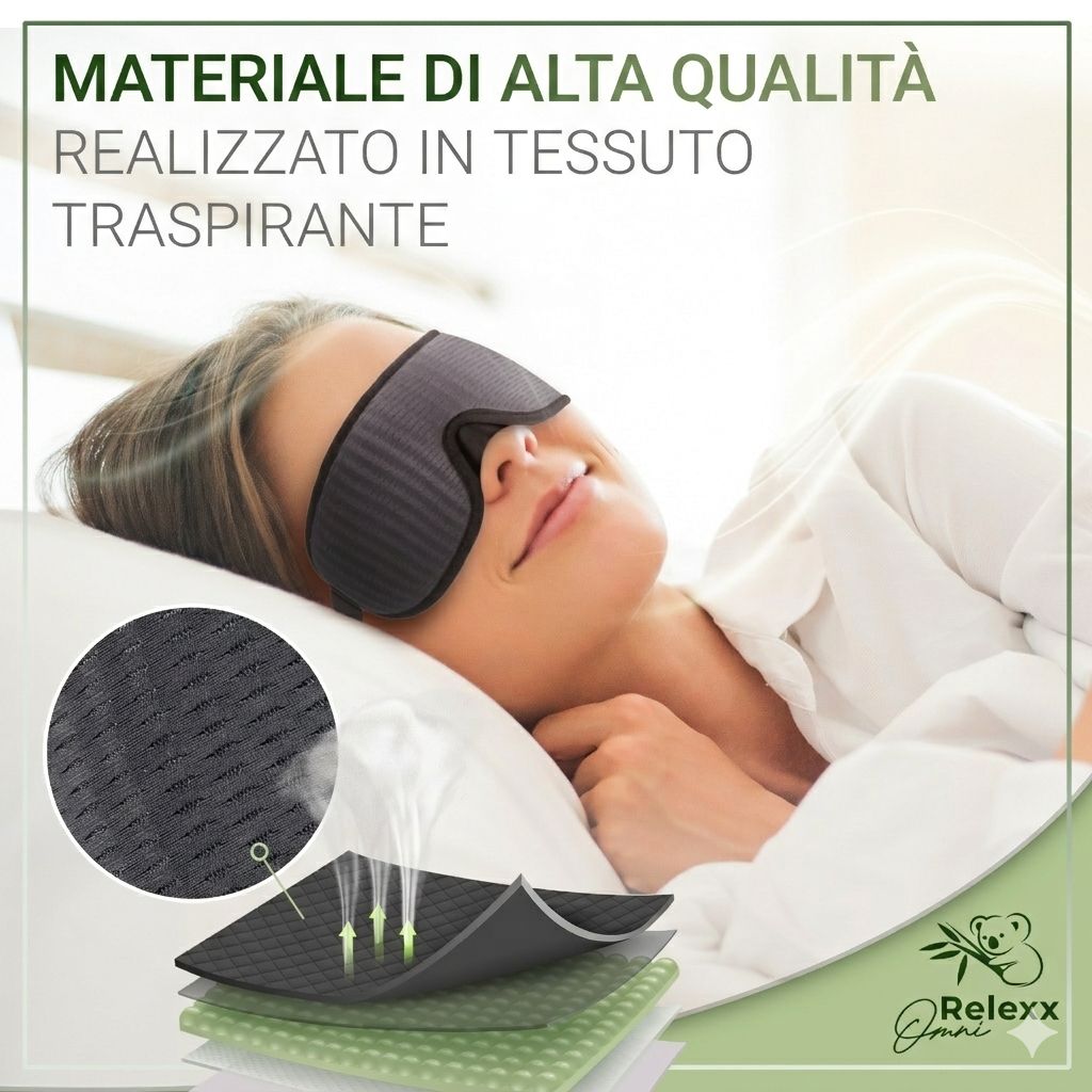 Persona a letto con maschera per dormire. Primo piano sul materiale traspirante. Marchio OmniRelexx.
