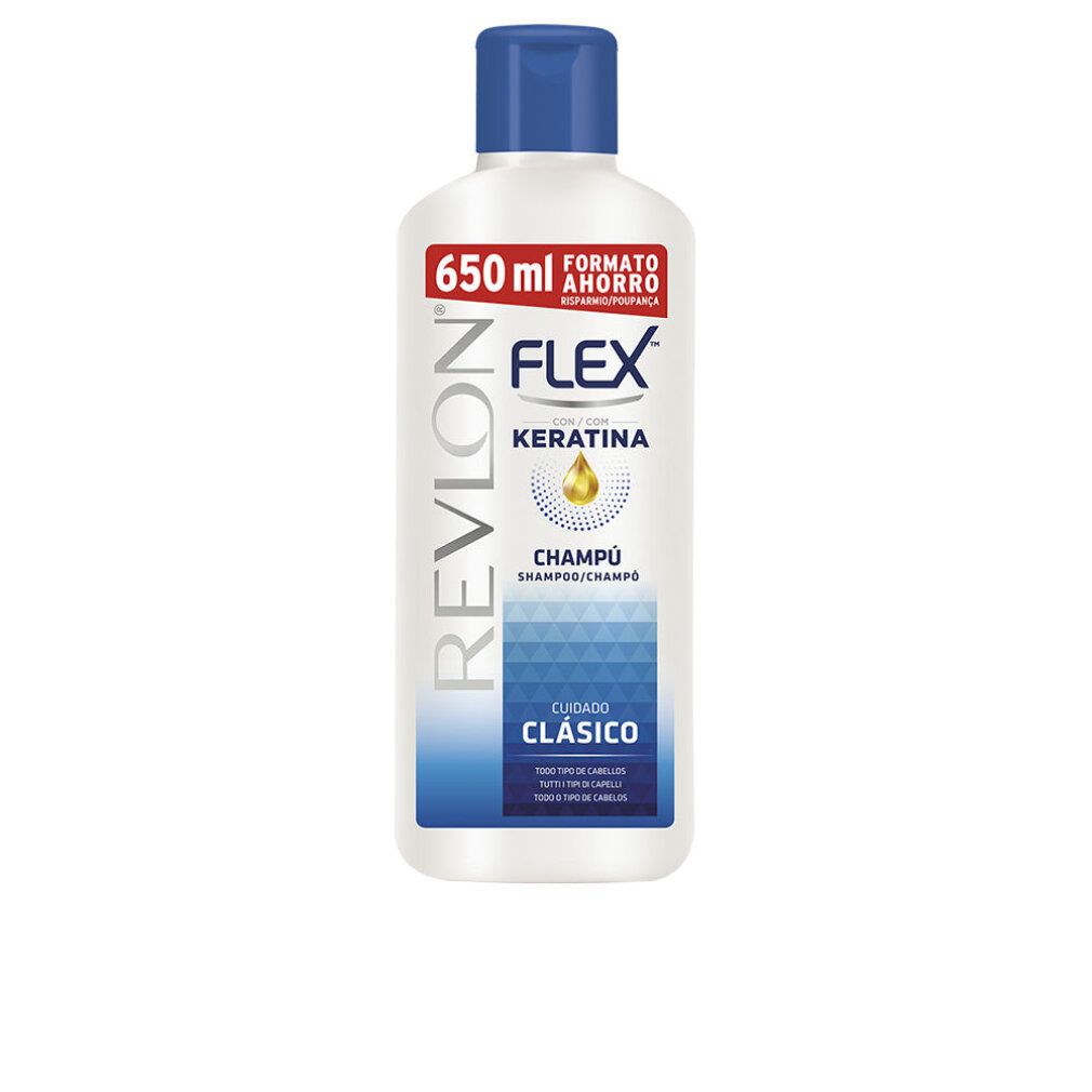 Flacone di shampoo Revlon Flex, bianco con tappo blu. Testo: Flex, Cheratina, Shampoo, Cura Classica, 650 ml.