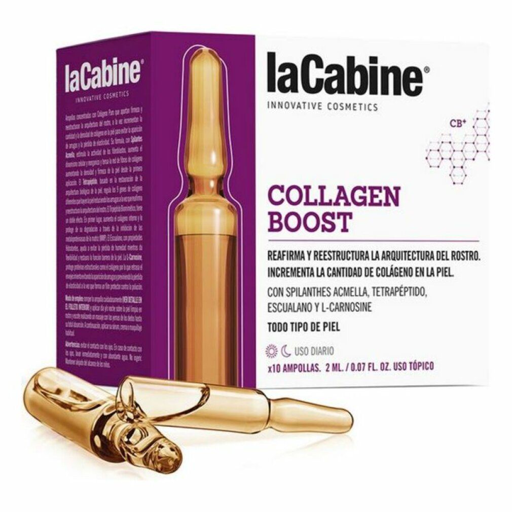 Confezione di La Cabine Collagen Boost Ampoules. Due fiale davanti. Scritta: Collagen Boost, 10 fiale.