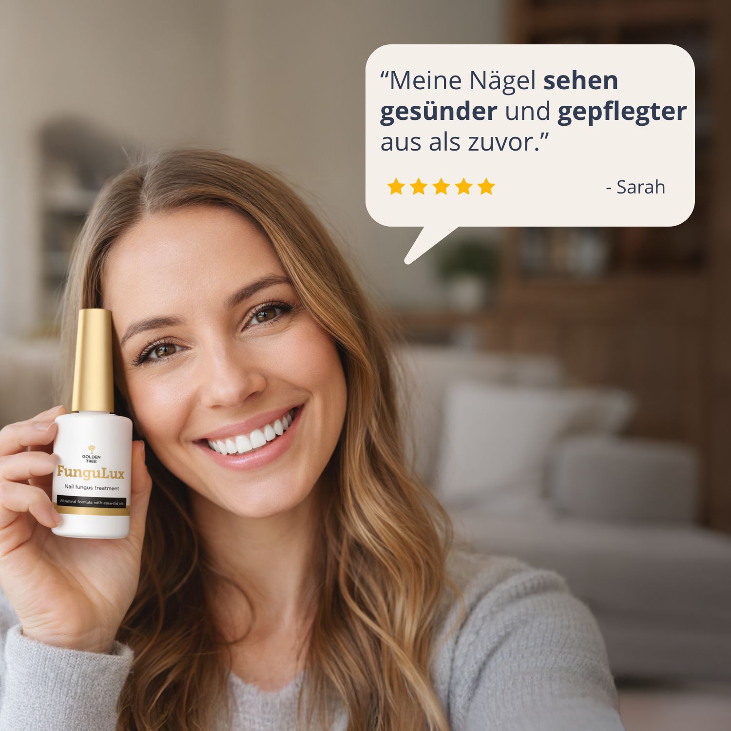 Una donna con il trattamento per unghie FunguLux, che mostra unghie più sane.
