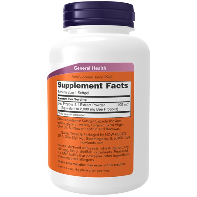 Flacone bianco con tappo viola. Etichetta arancione con testo: Supplement Facts, estratto di propoli 5:1, 400 mg. NOW Foods.