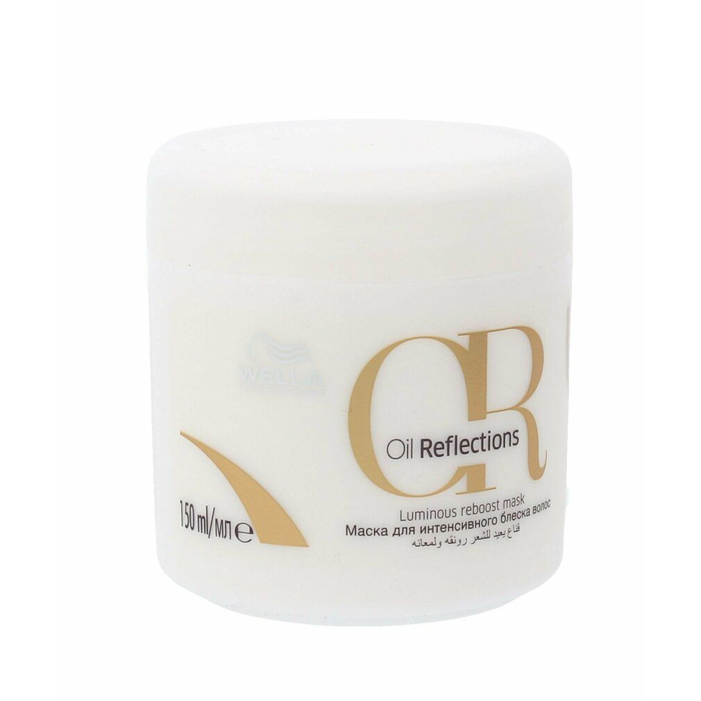 Vaso bianco con scritta dorata "Oil Reflections" e "Luminous reboost mask". Marchio: Wella. 150 ml.