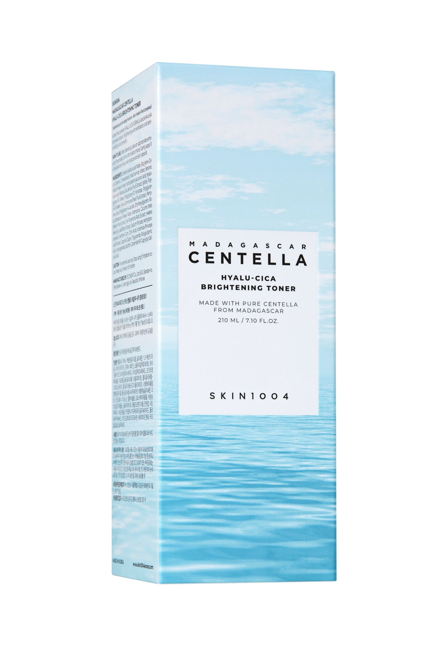 Confezione rettangolare con design ad acqua blu. Testo: CENTELLA, HYALU-CICA, Brightening Toner. SKIN1004.