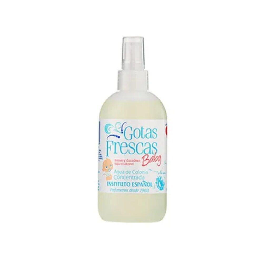 Flacone bianco con vaporizzatore. Scritta: Gotas Frescas Baby, Agua de Colonia Concentrada. INSTITUTO ESPAÑOL.