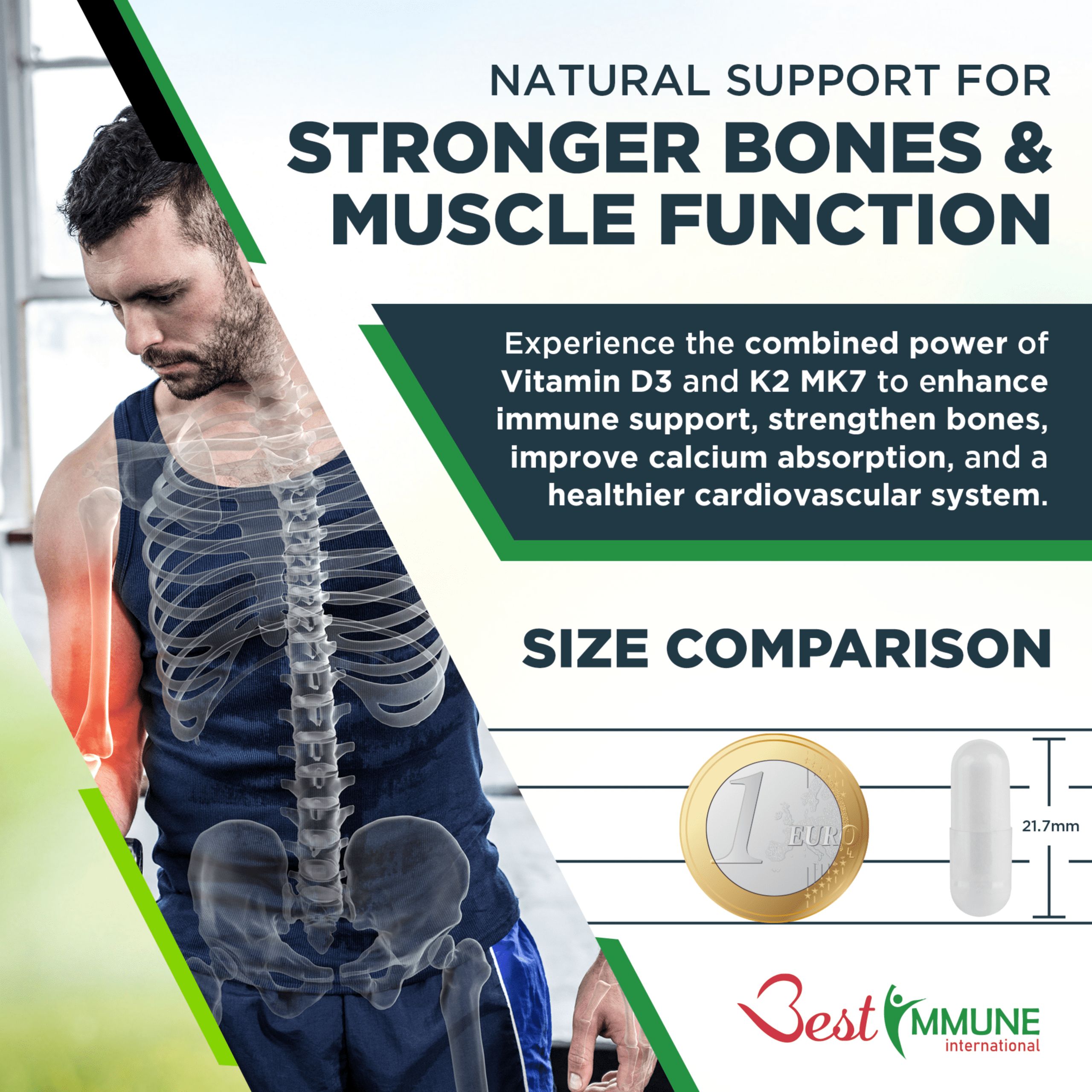Uomo con dolore. Confronto: capsula e moneta. Scritta: Vitamina D3 e K2 MK7. Marchio: Best Immune.