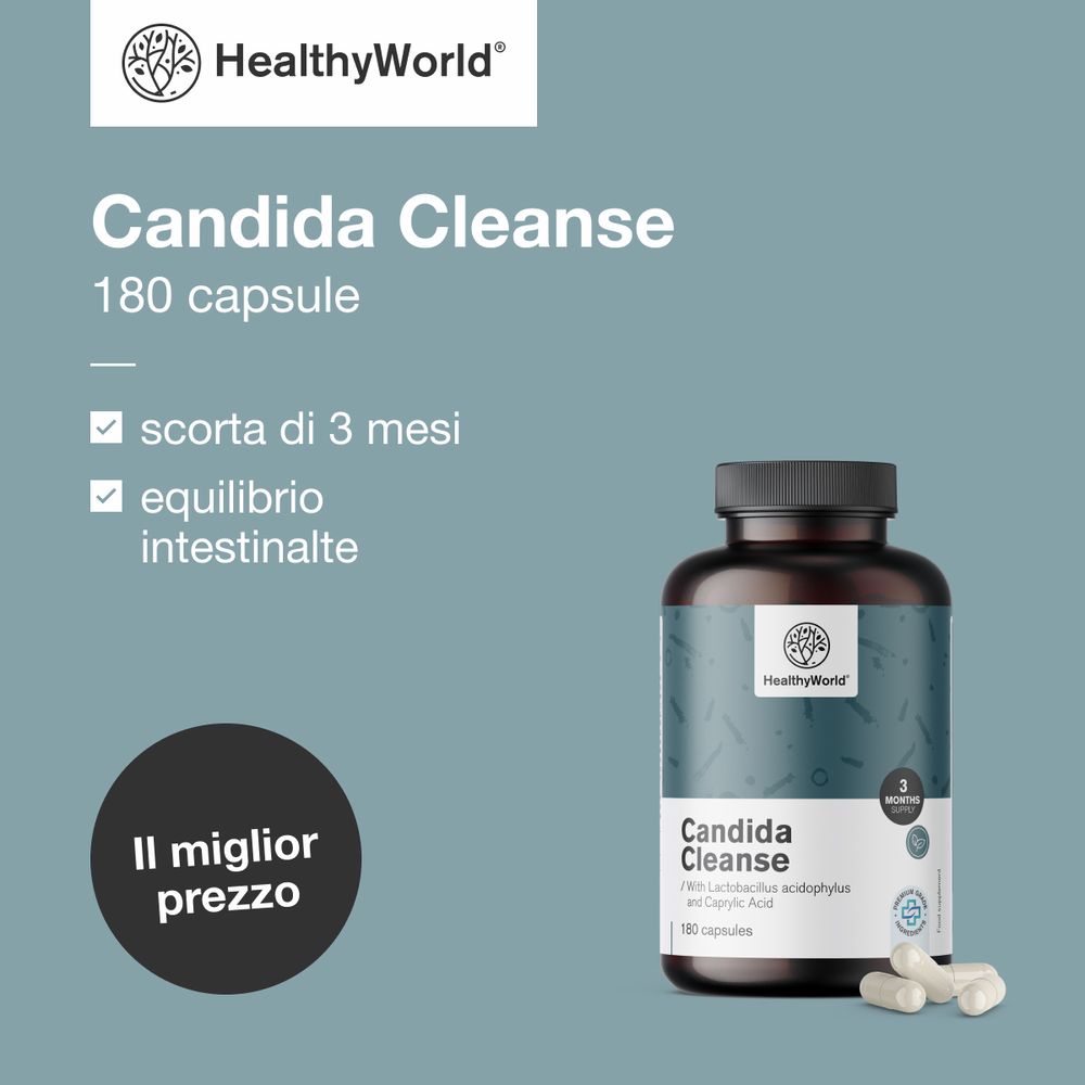Flacone di Candida Cleanse e capsule. Testo: 180 capsule, scorta di 3 mesi, equilibrio intestinale.