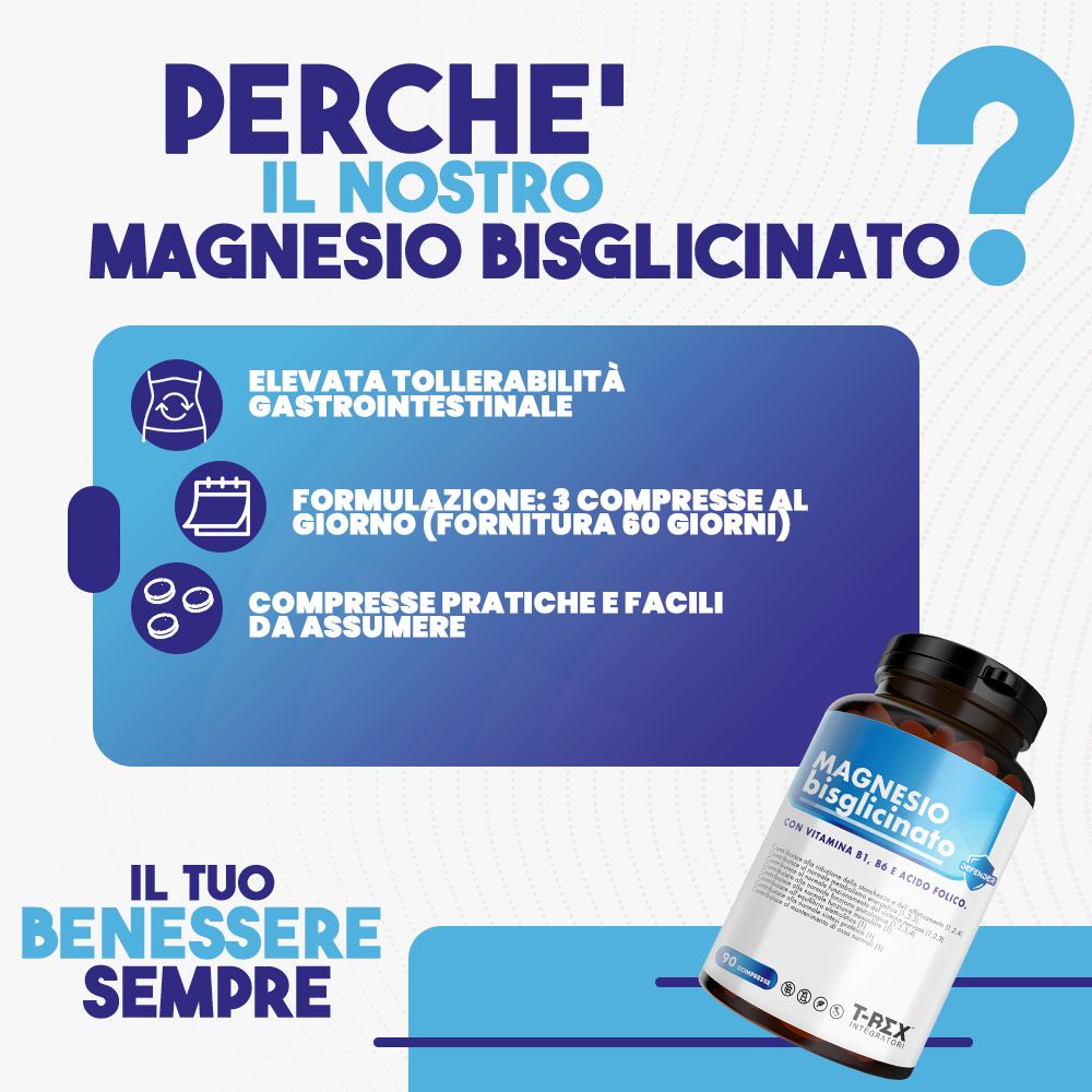 Flacone marrone con etichetta bianca. Testo: Magnesio Bisglicinato. Infografica blu con testo su vantaggi e ingredienti.