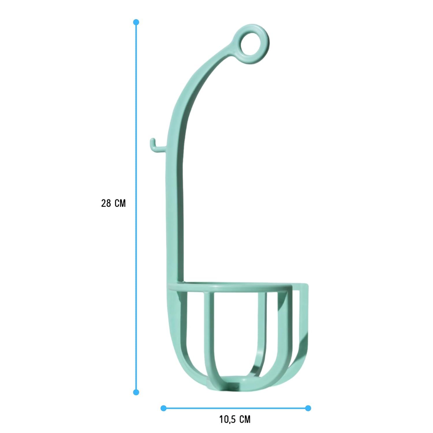 Cesto sospeso in plastica verde chiaro con gancio e anello. Dimensioni: 28 cm di altezza, 10,5 cm di larghezza.
