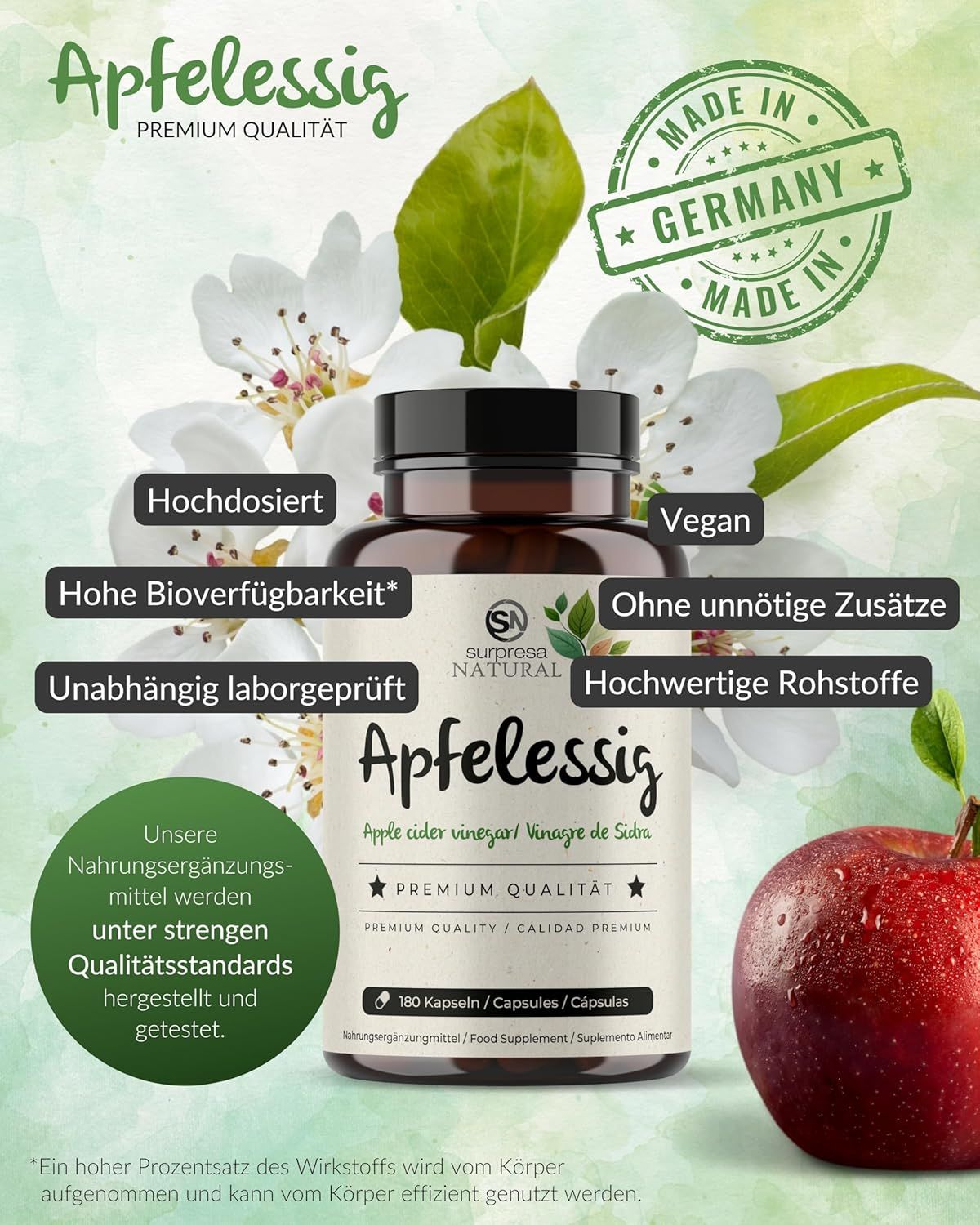 Bottiglia marrone con capsule di aceto di mele. Testo: Ad alto dosaggio, vegano, senza additivi. Prodotto in Germania.