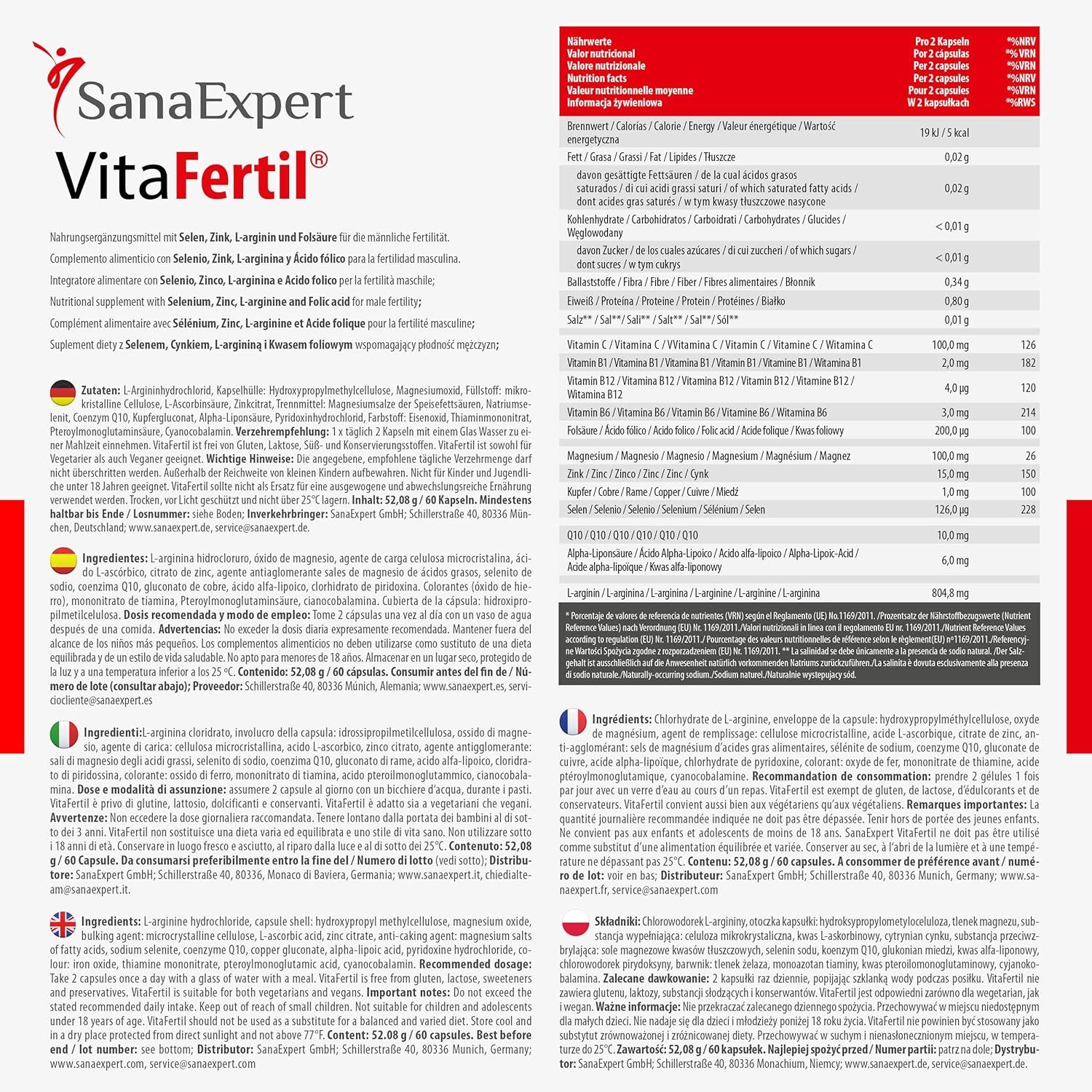 Foglietto illustrativo SanaExpert VitaFertil. Testi multilingue. Informazioni nutrizionali. Ingredienti.