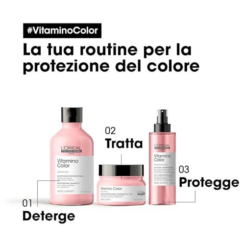 Tre prodotti Vitamino Color L'Oréal Professionnel: shampoo, maschera e spray, con istruzioni passo passo.