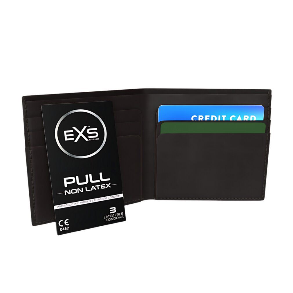 Portafoglio con carta preservativo EXS PULL NON LATEX, 3 preservativi senza lattice.