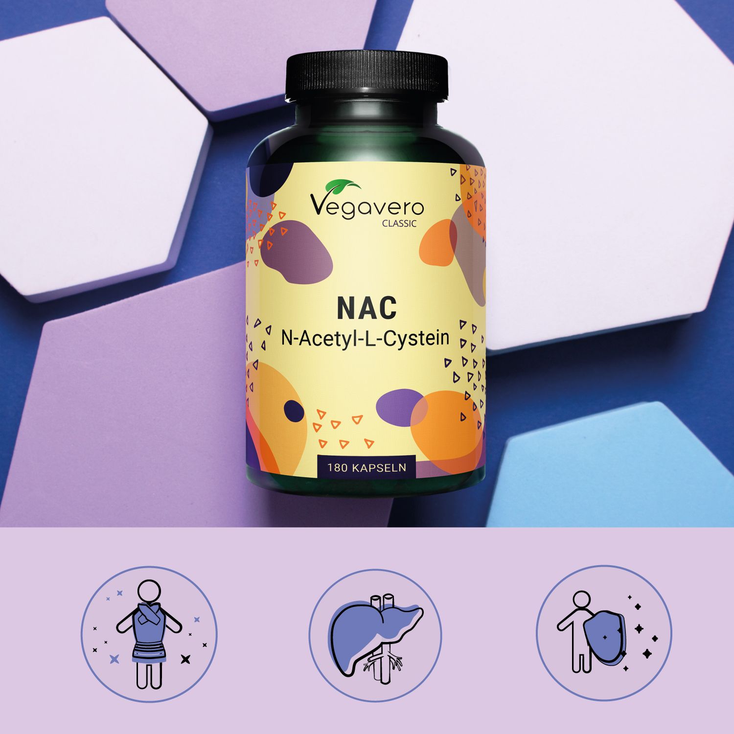 Flacone verde con tappo nero. Scritta: Vegavaro Classic, NAC, N-Acetil-L-Cisteina, 180 capsule. Sfondo con icone e forme.