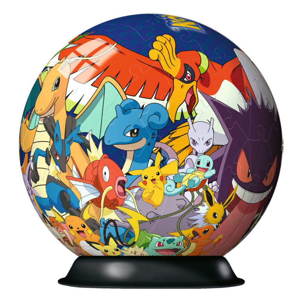 Puzzle 3D-Ball Pokémon, forma sferica, personaggi Pokémon. Base nera. Senza confezione.