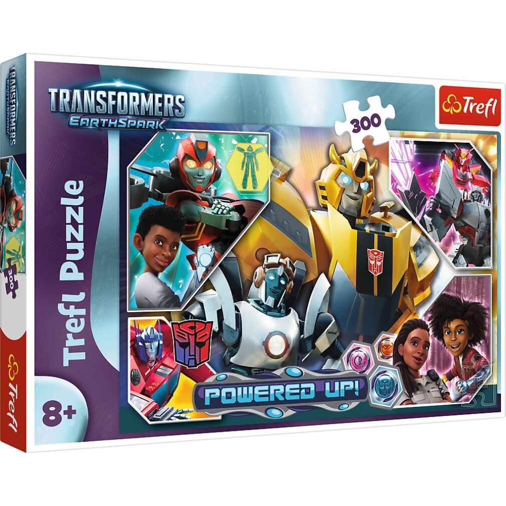 Puzzle Trefl Transformers, 300 pezzi. Confezione con personaggi e logo.