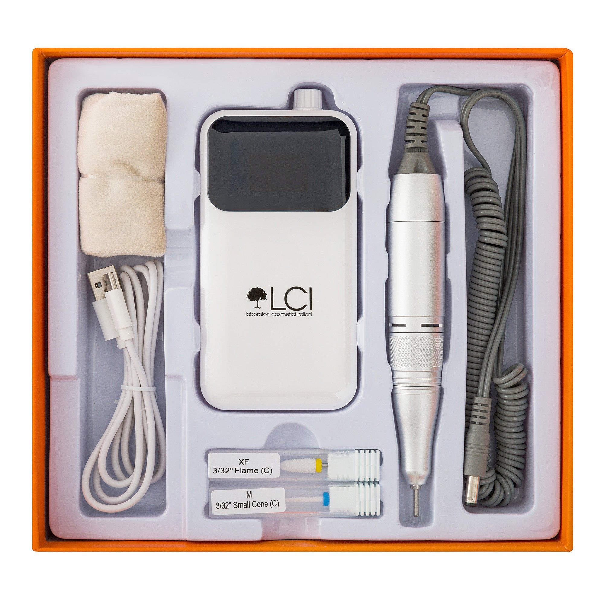 Kit PRO LCI in confezione arancione. Include fresa, accessori e cavi. Logo: LCI Cosmetics.