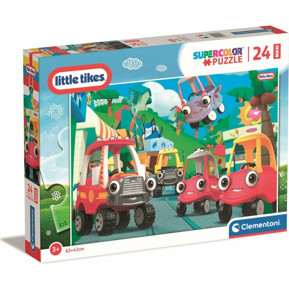 Puzzle Clementoni Little Tikes maxi 24 pezzi. Scatola con immagine di auto. Scritte: Little Tikes, Supercolor Puzzle, 24 pezzi, 62x42cm.