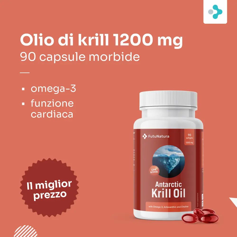 Flacone di Antarctic Krill Oil e capsule rosse. Scritta: Olio di krill 1200 mg, 90 capsule morbide. Testo: Omega-3, funzione cardiaca.