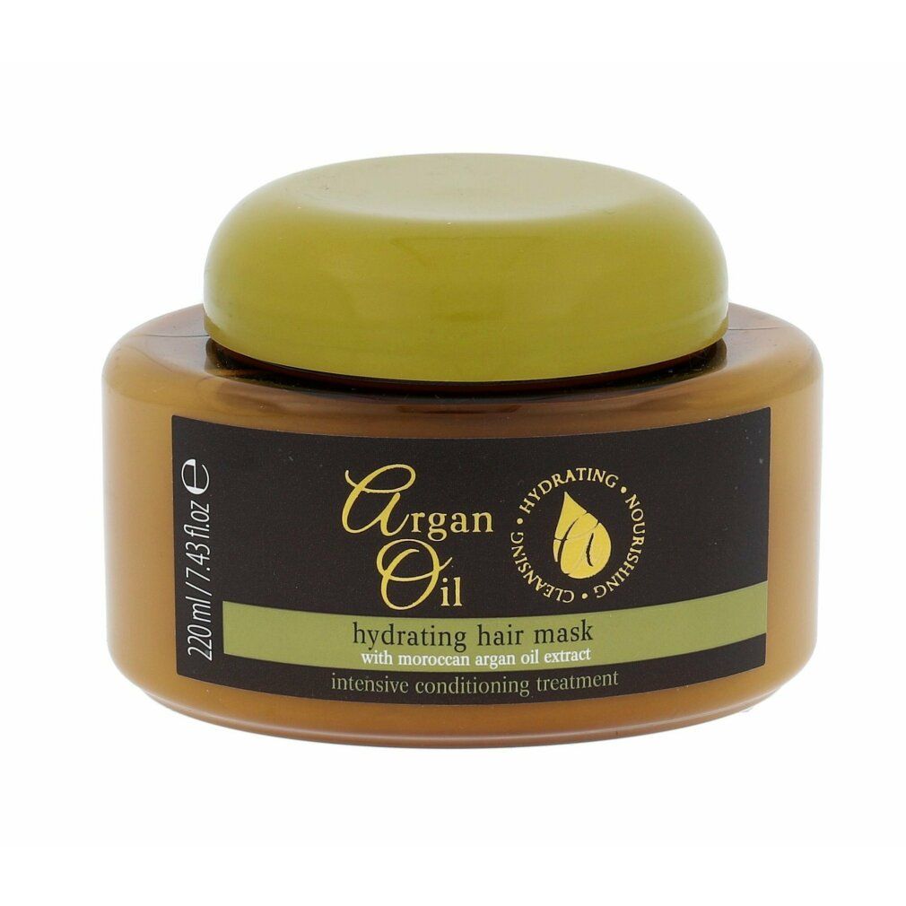 Vasetto marrone con maschera per capelli all'olio di argan, 220ml. Coperchio giallo. Contiene estratto di olio di argan marocchino.