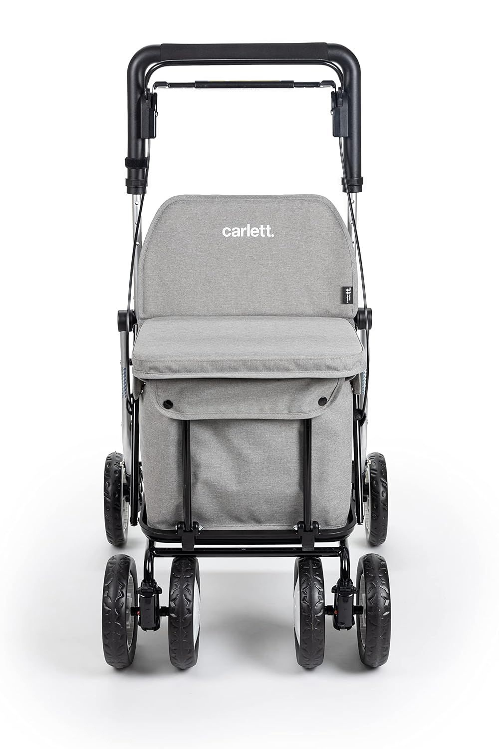 Rollator grigio con sedile e borsa della spesa, quattro ruote, telaio argentato.