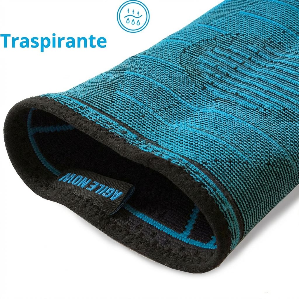 Persona con tutore per caviglia nero. Marchio: AGILE NOW. Testo: TRASPIRANTE & MORBIDO.