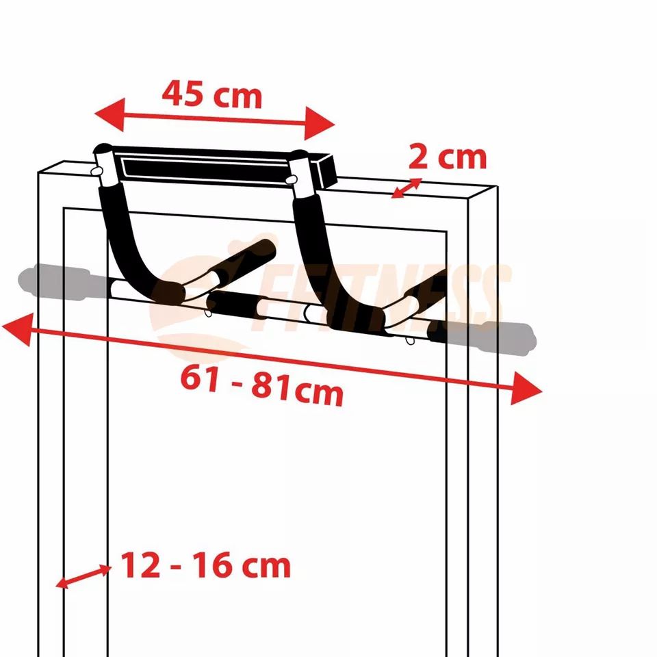 Barra per trazioni con dimensioni: 45cm sopra, 61-81cm larghezza, 12-16cm profondità, 2cm spessore. Per telaio porta.