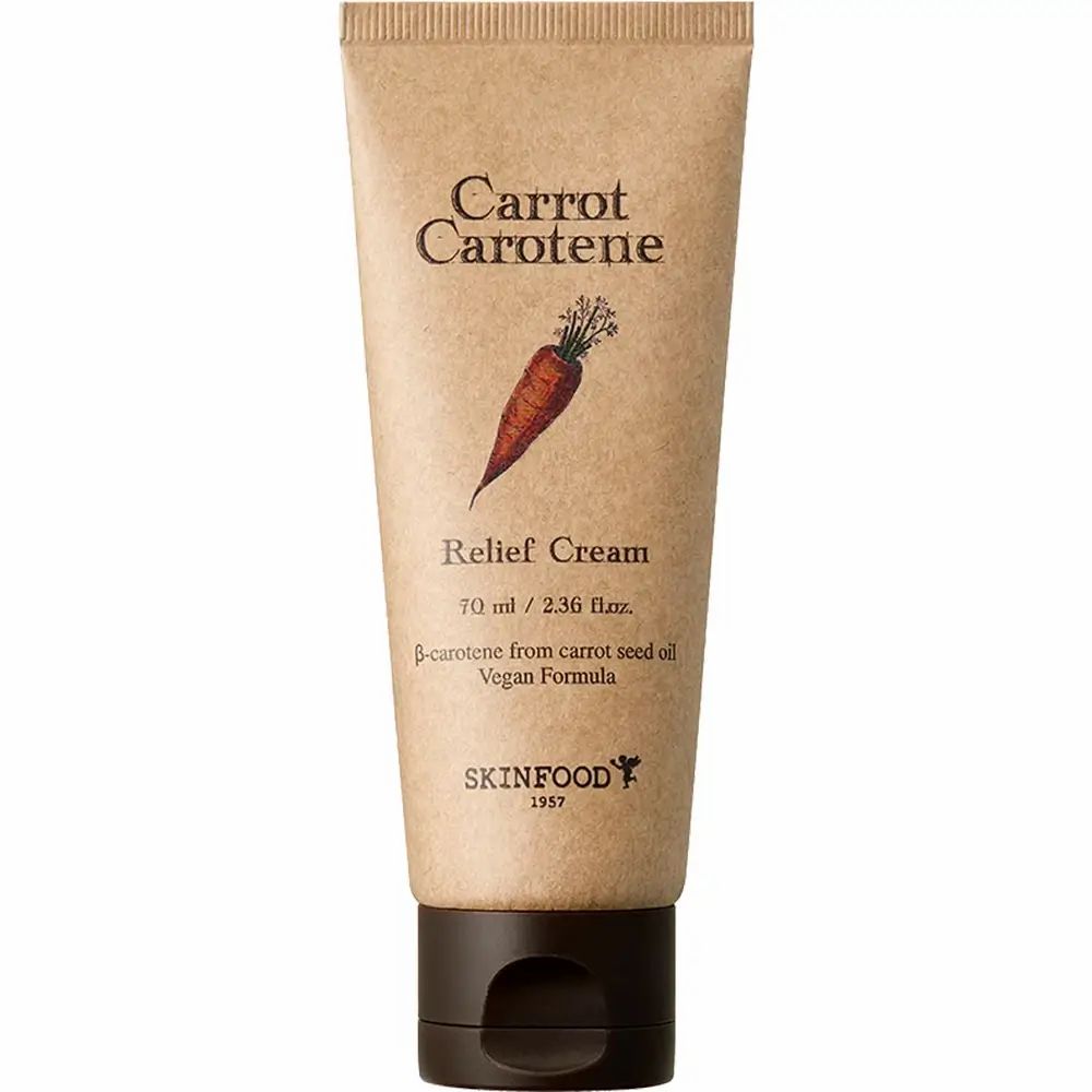Tubo beige con tappo marrone. Scritta: Carrot Carotene, Relief Cream, 70 ml, SKINFOOD.