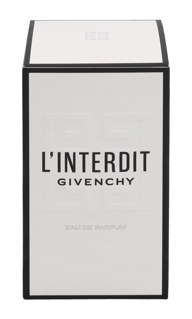 Confezione di L'Interdit Eau de Parfum. Bianca con cornice nera. Testo: L'Interdit, Givenchy, Eau de Parfum. Logo in alto.