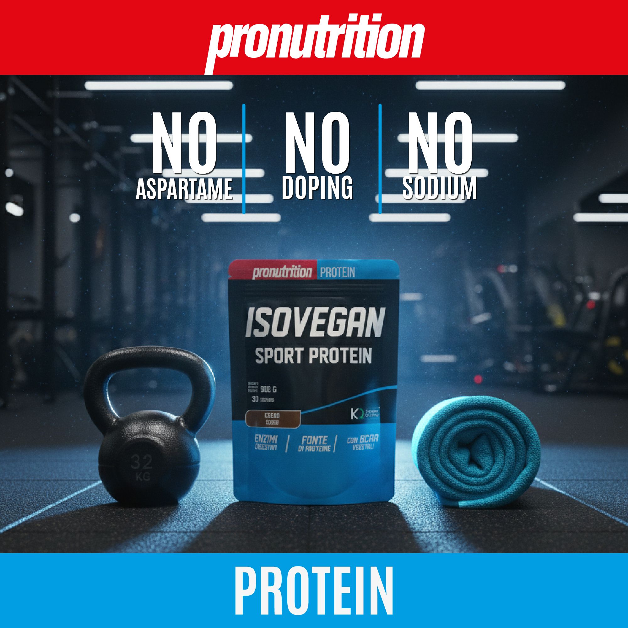 Confezione IsoVegan Sport Protein con manubrio e asciugamano. Testo: Senza aspartame, doping e sodio.