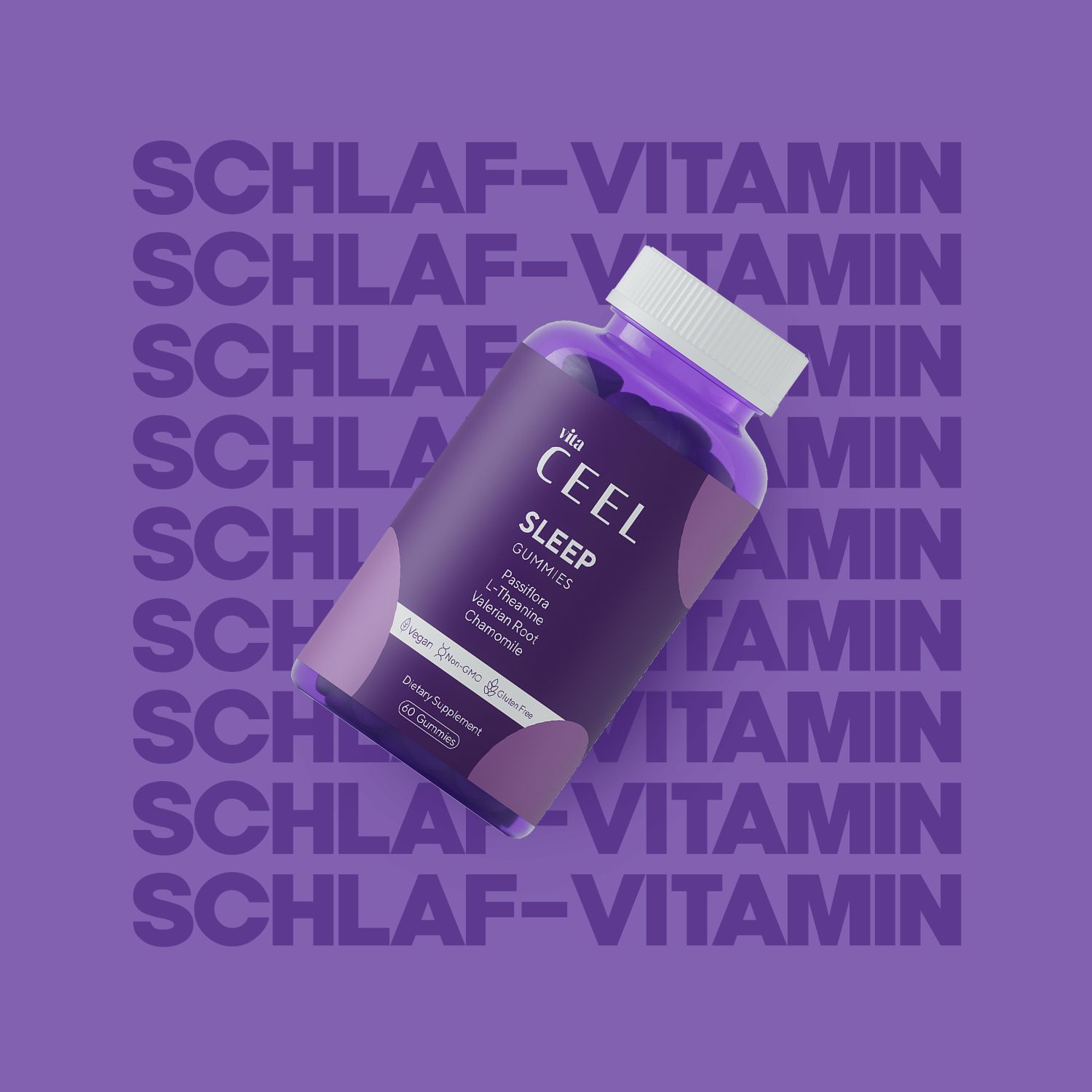 Flacone di Vita Ceel Sleep Gummies davanti a uno sfondo viola con testo ripetuto.