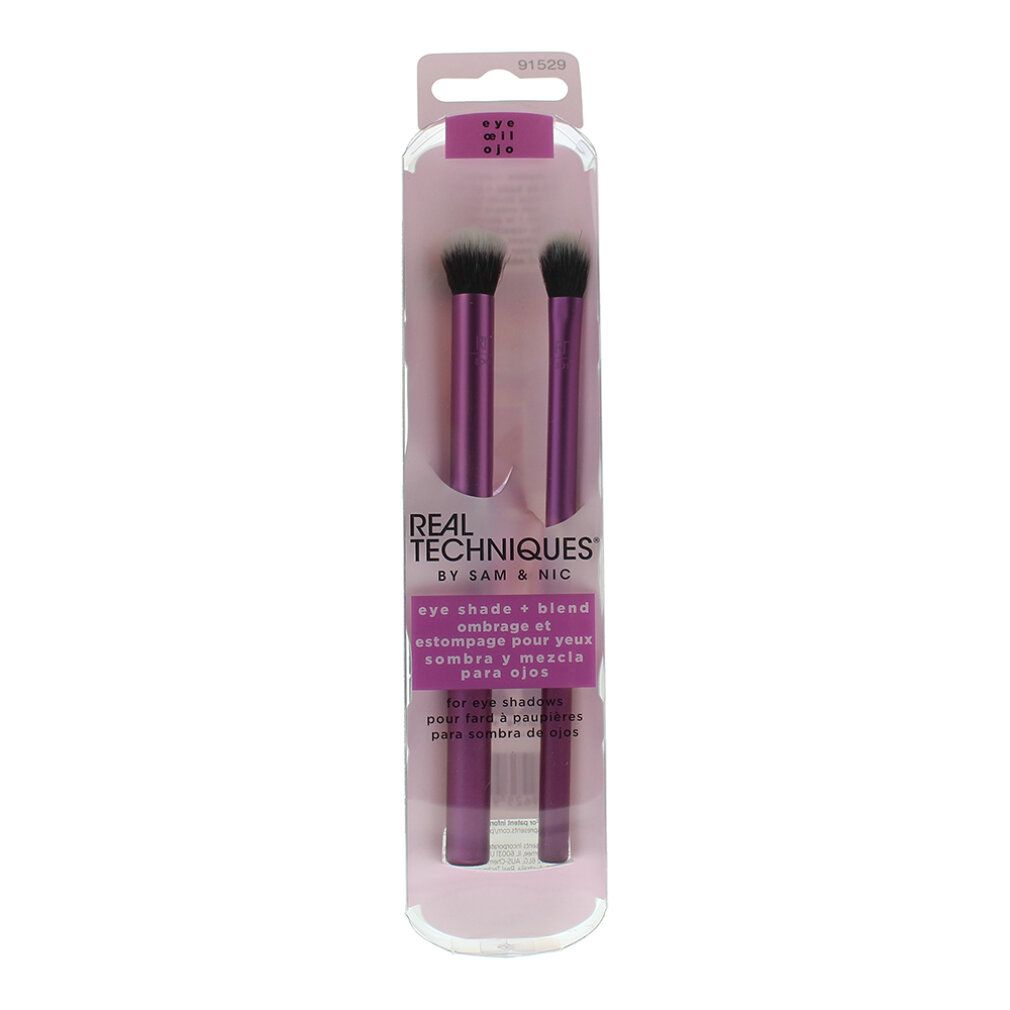Confezione di due pennelli Real Techniques Eye Shade & Blend viola. Testo: eye shade + blend.