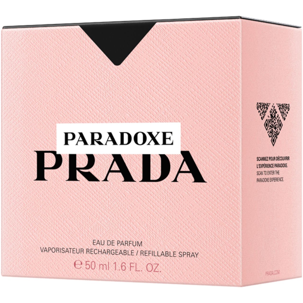 Confezione rosa con triangolo nero. Testo: PARADOXE PRADA, Eau de Parfum, Vaporisateur Rechargeable, 50 ml.