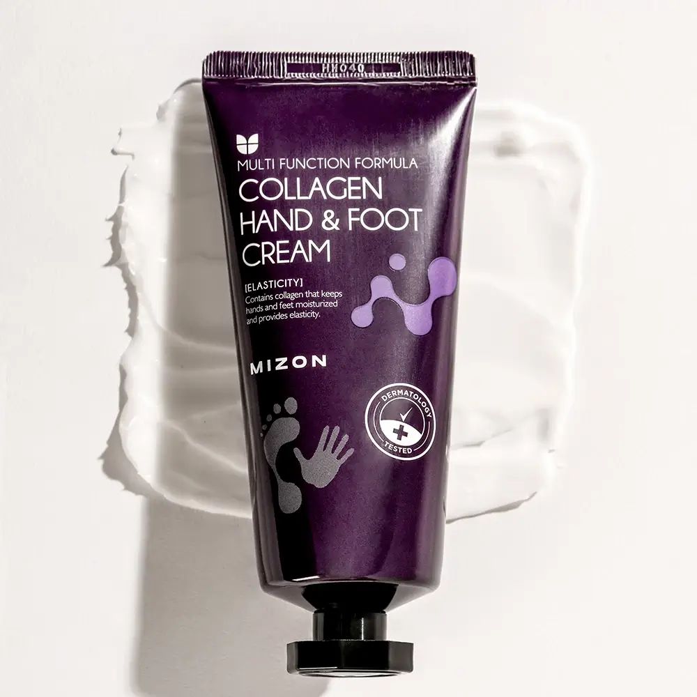 Tubo MIZON Collagen Hand & Foot Cream su sfondo bianco con crema. Dermatologicamente testato.