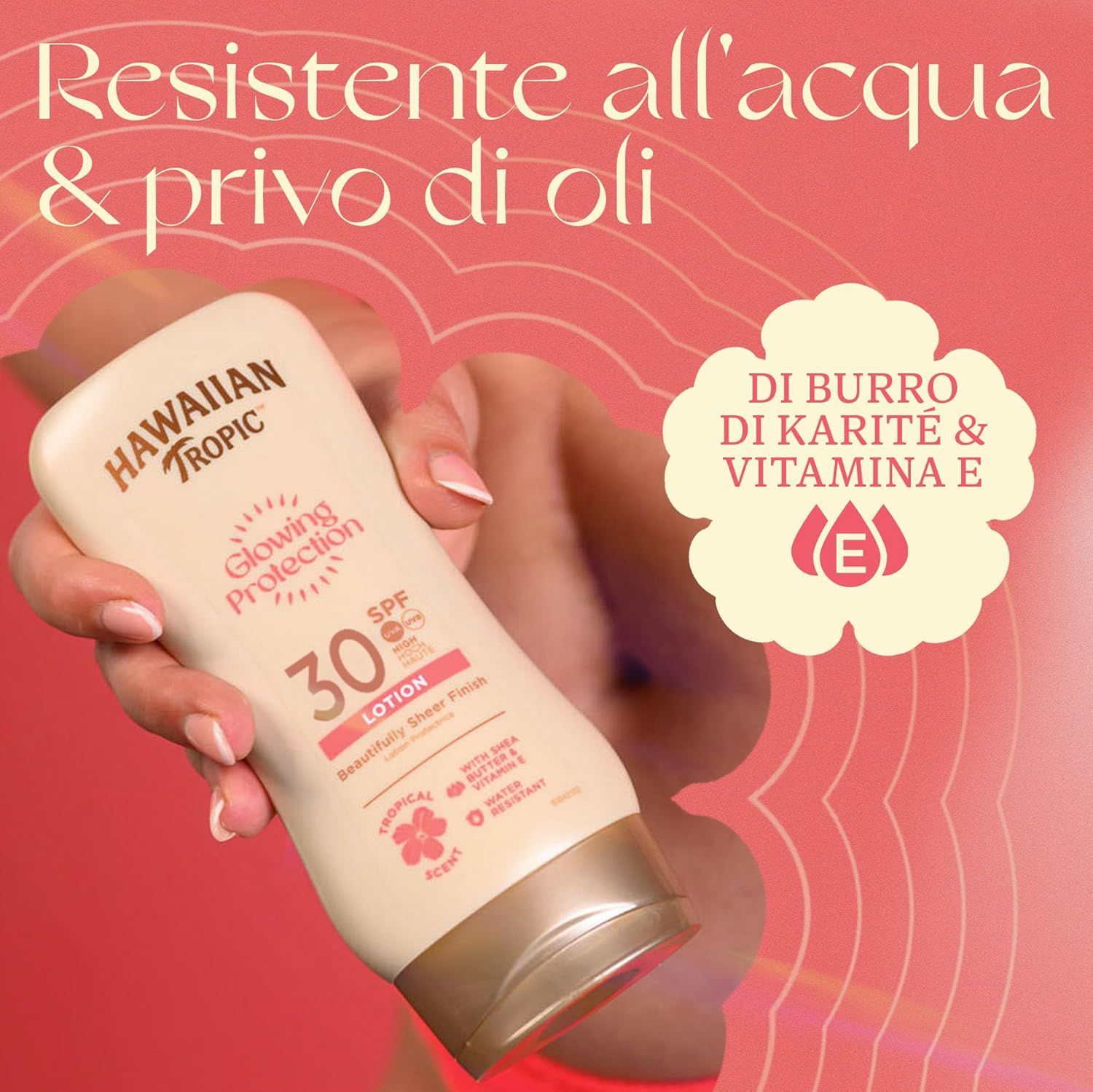 Lozione solare SPF 30. Marchio: Hawaiian Tropic. Scritta: Glowing Protection, Lotion. Testo: Burro di karité & Vitamina E.