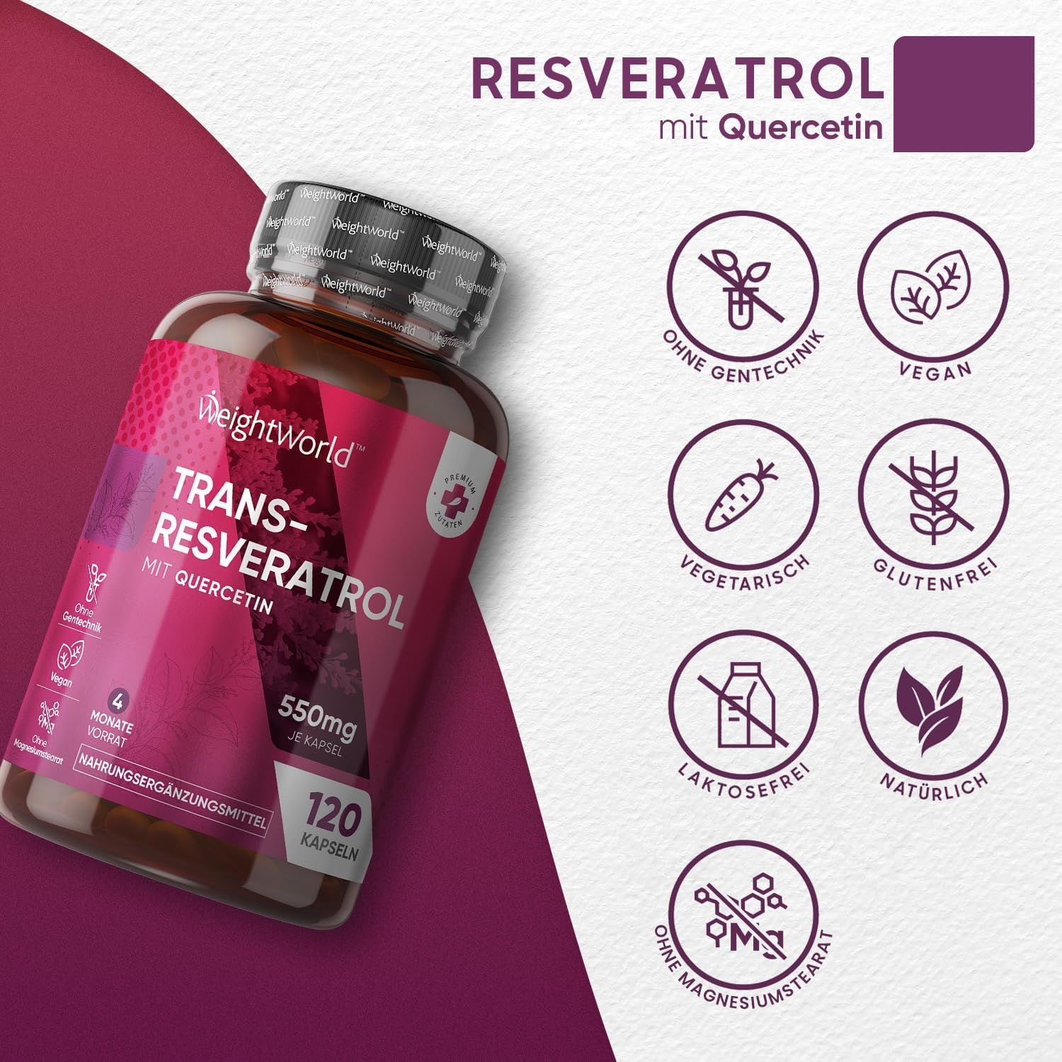 Flacone del prodotto con simboli. Scritta: Trans-Resveratrolo con quercetina, 120 capsule. Simboli: vegano, senza glutine, ecc.