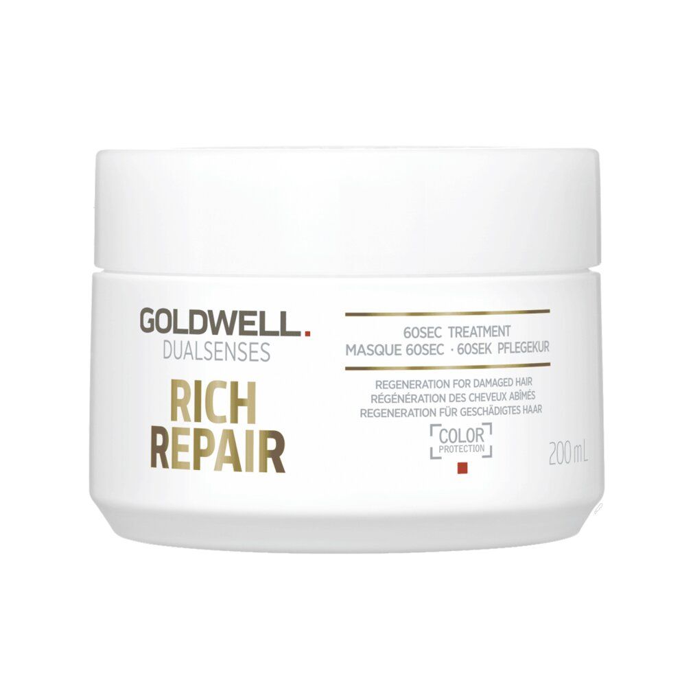 Vaso bianco Goldwell Rich Repair. Scritta: 60sec Treatment, Rigenerazione per capelli danneggiati. 200ml.
