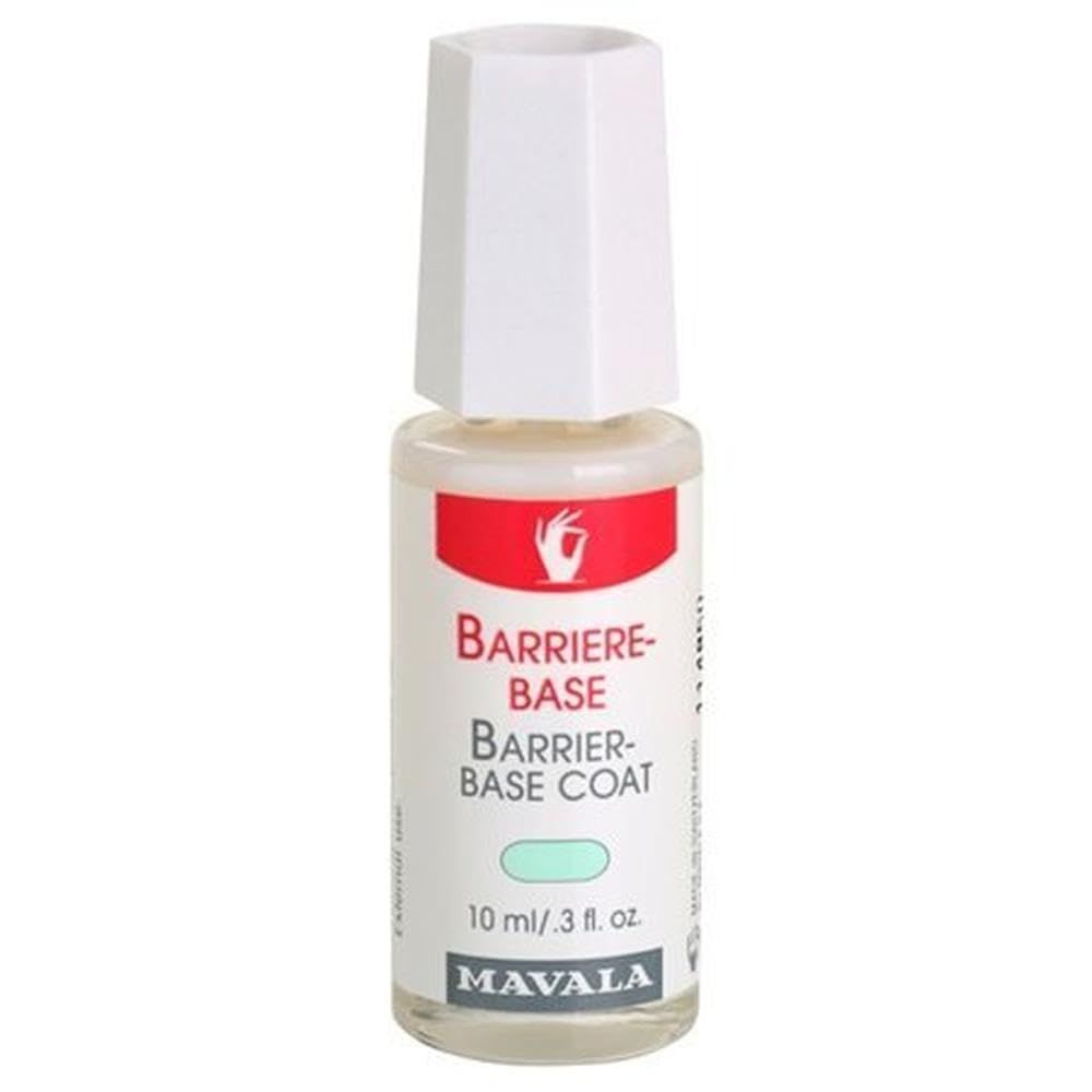 Flacone in vetro con liquido e tappo bianco. Scritta: BARRIERE-BASE, 10 ml. Marchio: MAVALA.