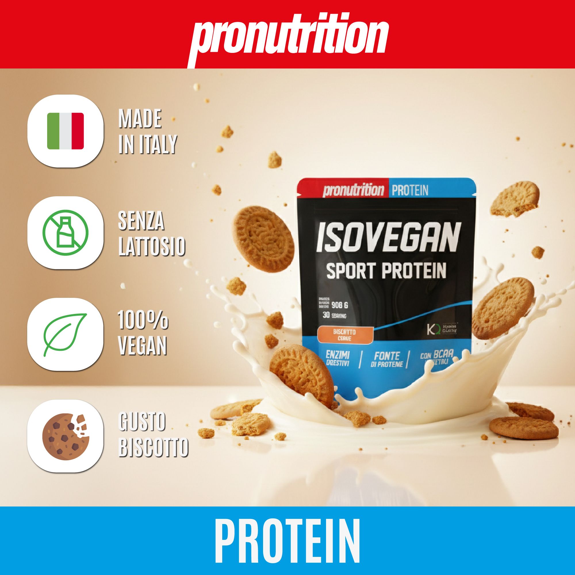 Confezione di IsoVegan Sport Protein. Scritta: Made in Italy, senza lattosio, 100% vegano, gusto biscotto. Ingredienti: Enzimi, fonte di proteine, BCAA.