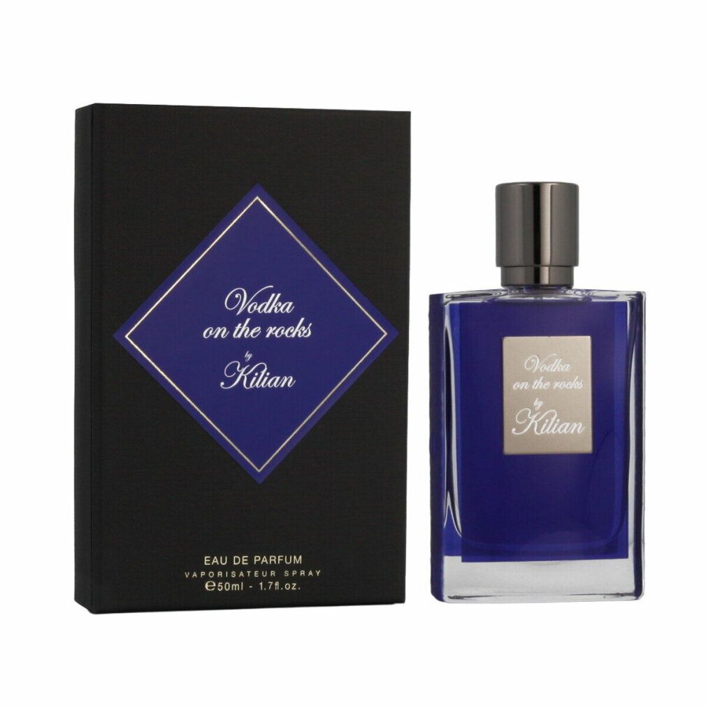 Flacone blu e confezione nera. Scritta: Vodka on the rocks by Kilian. 50ml.